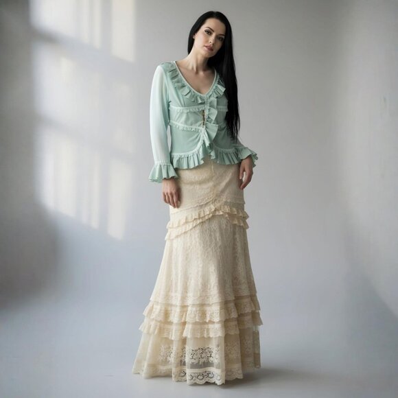 Aryeh Tops - Aryeh ✦ Mint Green Ruffle Lace Long Sleeve Blouse ✦ Boho Romantic Feminine L
